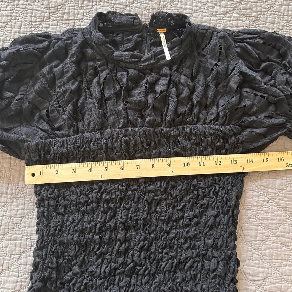 Free People Black Lace Smocked Mock Neck Top Short Puff Sleeve Size Small